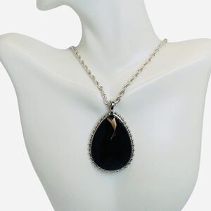 Vintage Black Faceted Large Teardrop Pendant Silver Rope Chain Necklace 23”